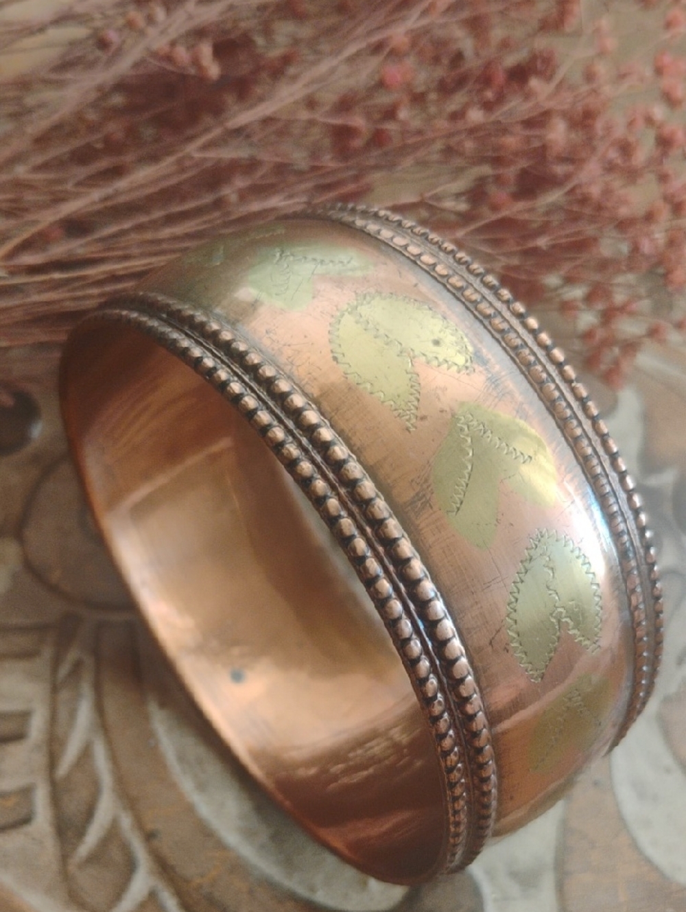 Vintage Copper Bangle Bracelet with Floral Etching